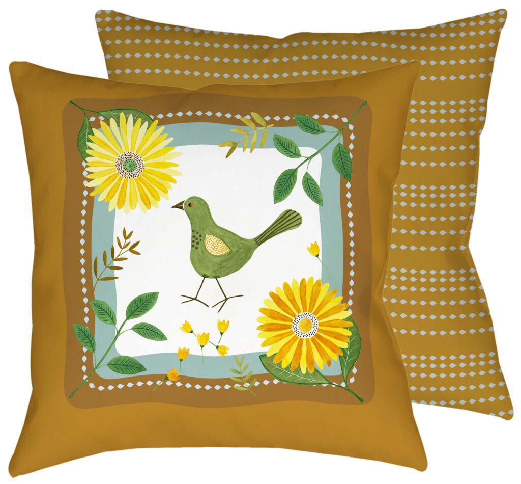 Textildesign Kissenhülle ocker/grün/weiß mit Sonnenblumen und Vogel von Smilla's Home